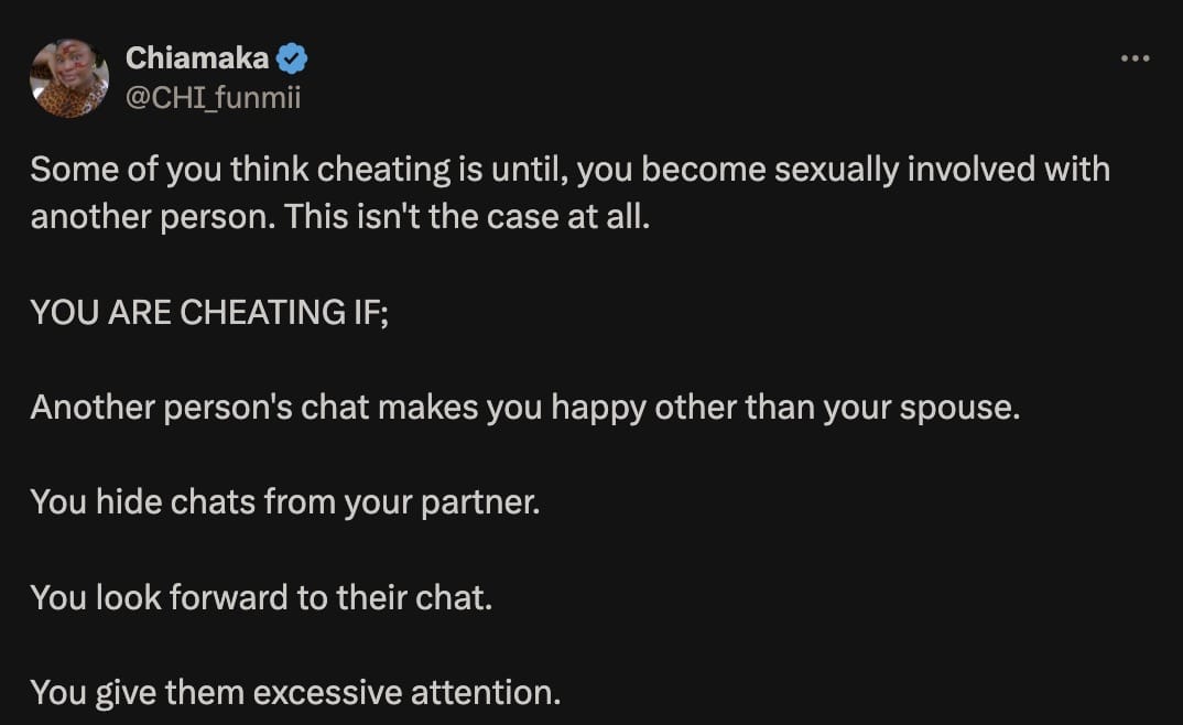 "If another person's chat makes you happy and ..." - Lady lists cheating signs